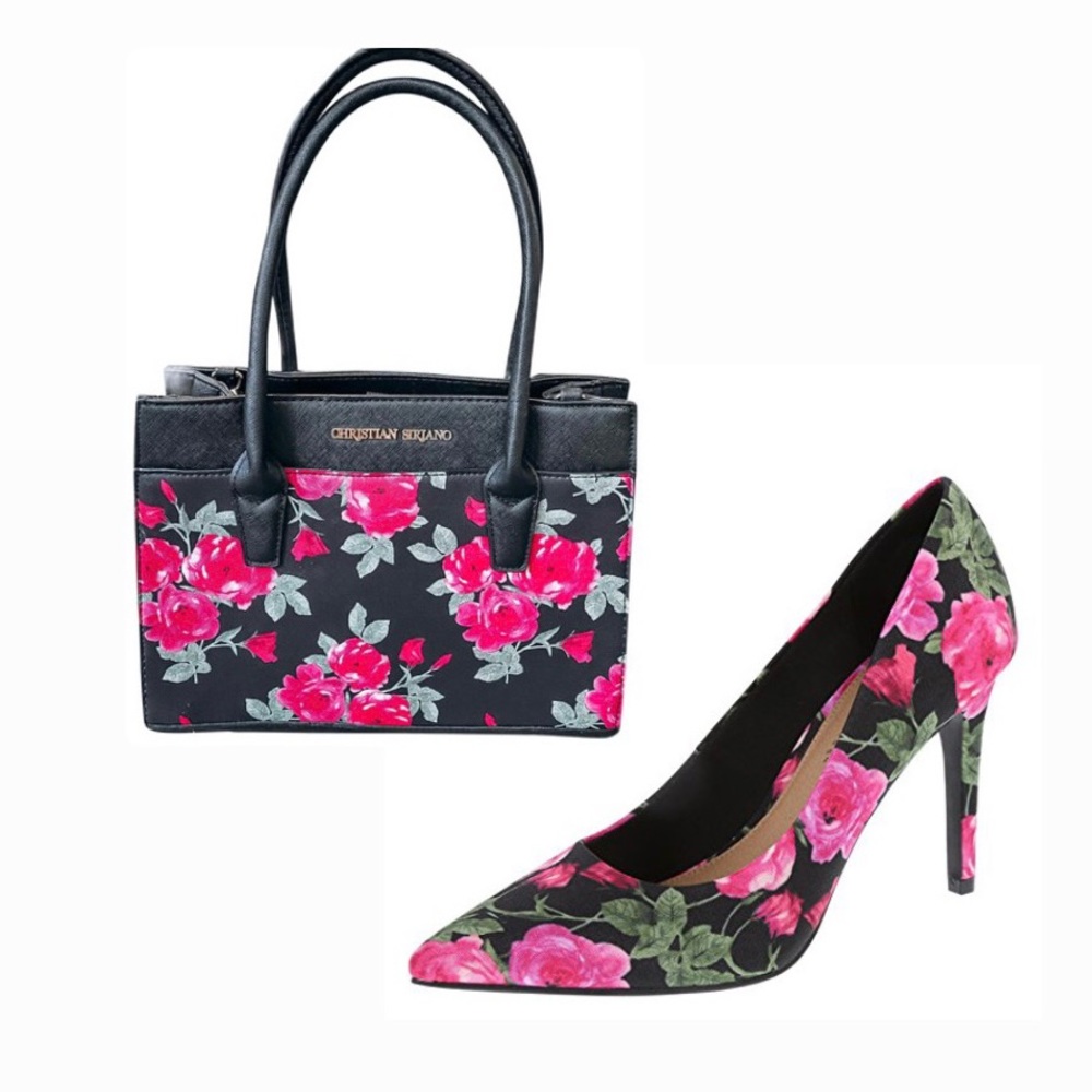 New W/ TAG Christian Siriano Matching Black and Pink Rose Purse & Heels size 8.5